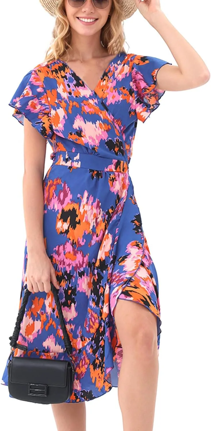 Women's Dress Summer Bohemian Floral V-Neck Ruffled Brimmed Hat Lower Short Sleeved Pleated Hem Sun Skirt Daily Casual Wear