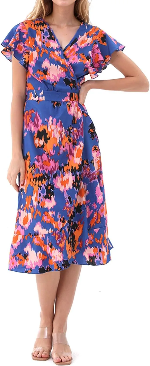 Women's Dress Summer Bohemian Floral V-Neck Ruffled Brimmed Hat Lower Short Sleeved Pleated Hem Sun Skirt Daily Casual Wear