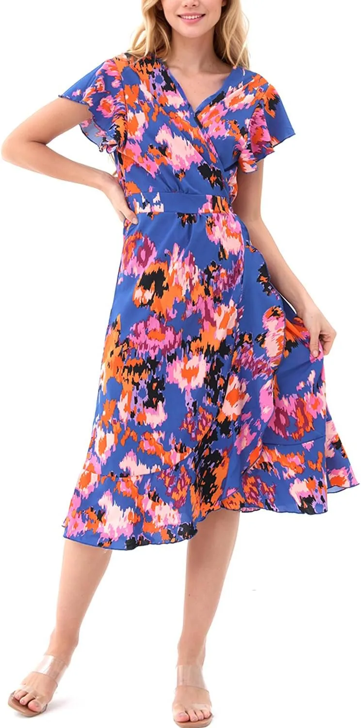 Women's Dress Summer Bohemian Floral V-Neck Ruffled Brimmed Hat Lower Short Sleeved Pleated Hem Sun Skirt Daily Casual Wear