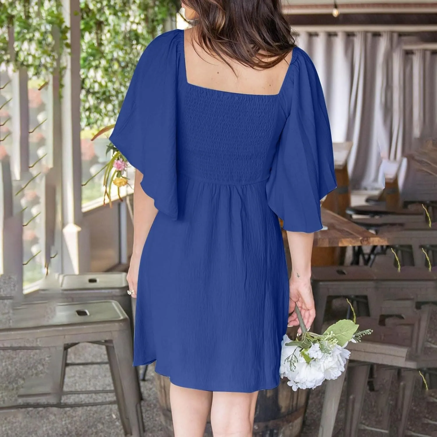 Womens Dresses 2024 Spring Summer Deep V Neck Elegant Bow Tie Mini Dress Short Sleeve Solid Casual Graduation Dress