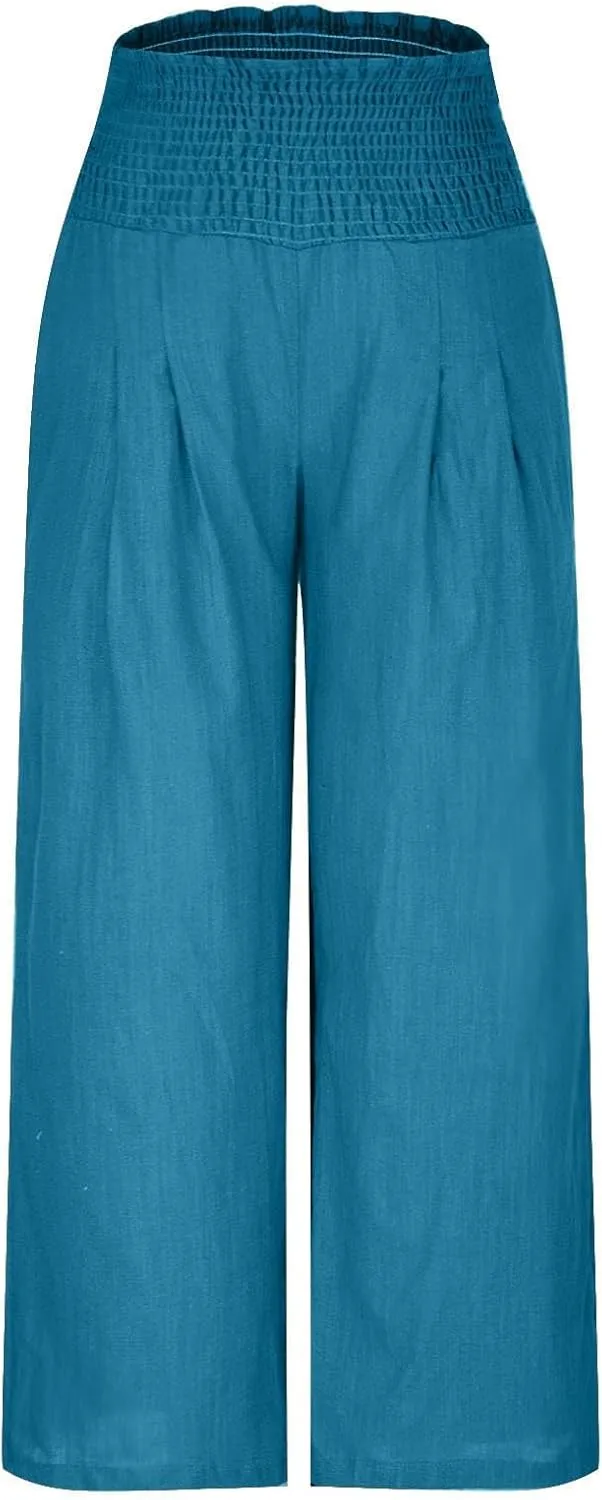 Womens Elastic High Waisted Palazzo Pants Summer Casual Cotton Linen Pants Flowy Wide Leg Trousers with Pocket