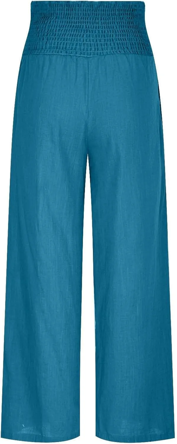 Womens Elastic High Waisted Palazzo Pants Summer Casual Cotton Linen Pants Flowy Wide Leg Trousers with Pocket
