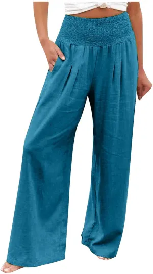 Womens Elastic High Waisted Palazzo Pants Summer Casual Cotton Linen Pants Flowy Wide Leg Trousers with Pocket