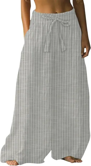 Womens Embroidery Flora Print Palazzo Pants Summer Baggy Elastic Waist Flowy Hippie Boho Wide Leg Lounge Trousers