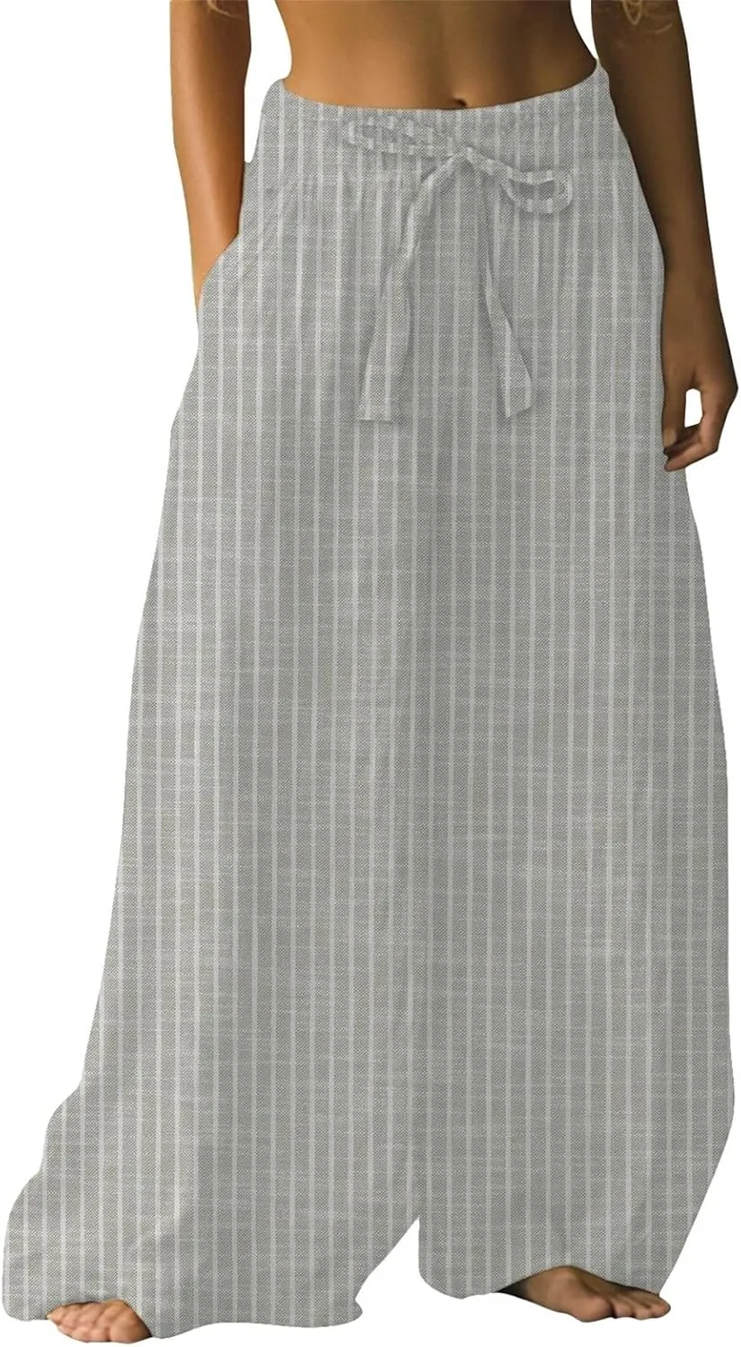Womens Embroidery Flora Print Palazzo Pants Summer Baggy Elastic Waist Flowy Hippie Boho Wide Leg Lounge Trousers
