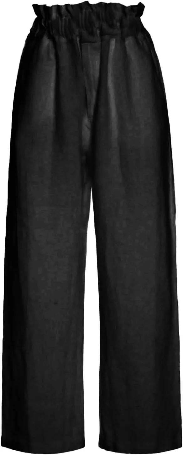 Women's Fashion Cotton Linen Paperbag Trousers Solid Color Loose Fit High Waisted Straight Wide Leg Pants with Pockets