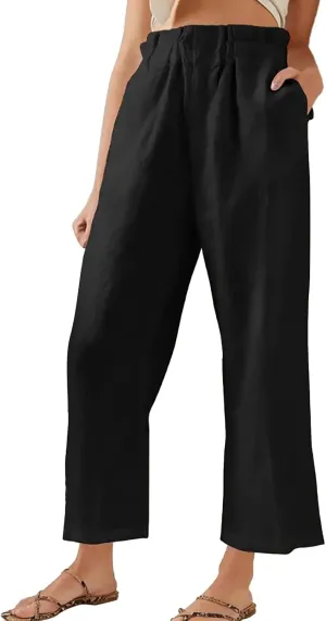 Women's Fashion Cotton Linen Paperbag Trousers Solid Color Loose Fit High Waisted Straight Wide Leg Pants with Pockets