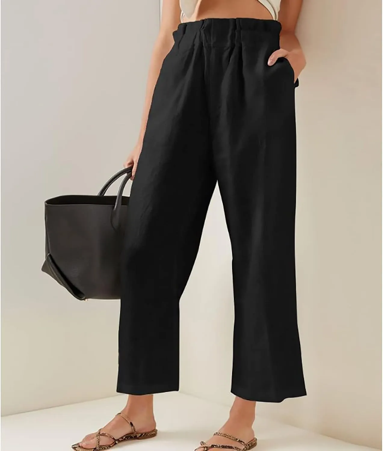 Women's Fashion Cotton Linen Paperbag Trousers Solid Color Loose Fit High Waisted Straight Wide Leg Pants with Pockets