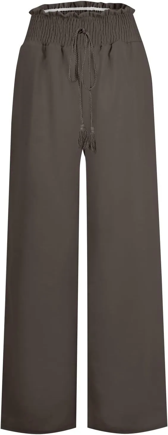 Womens Flowy Linen Pant with Pockets Wide Leg Palazzo Elastic Waist Pants Casual Dressy Summer Trousers