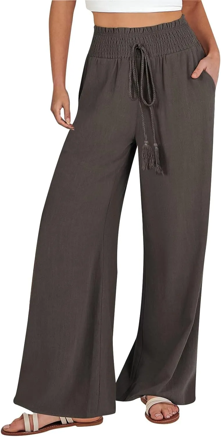 Womens Flowy Linen Pant with Pockets Wide Leg Palazzo Elastic Waist Pants Casual Dressy Summer Trousers