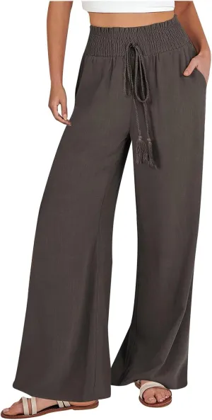 Womens Flowy Linen Pant with Pockets Wide Leg Palazzo Elastic Waist Pants Casual Dressy Summer Trousers