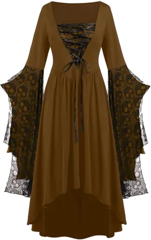 Womens Goth Gothic Dress Mesh 3/4 Dolman Bell Sleeve Medieval Grunge Dress Square Neck Maxi Long Dresses for Women 2025
