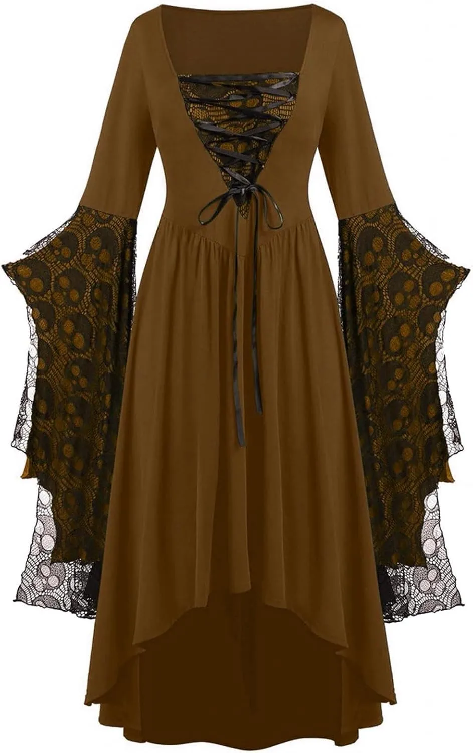 Womens Goth Gothic Dress Mesh 3/4 Dolman Bell Sleeve Medieval Grunge Dress Square Neck Maxi Long Dresses for Women 2025