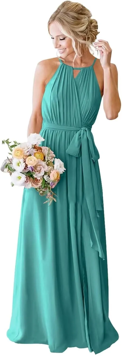 Women's Halter Chiffon Wrap Bridesmaid Dresses Long with Slit Pleated A Line Formal Dresses with Pockets SR008