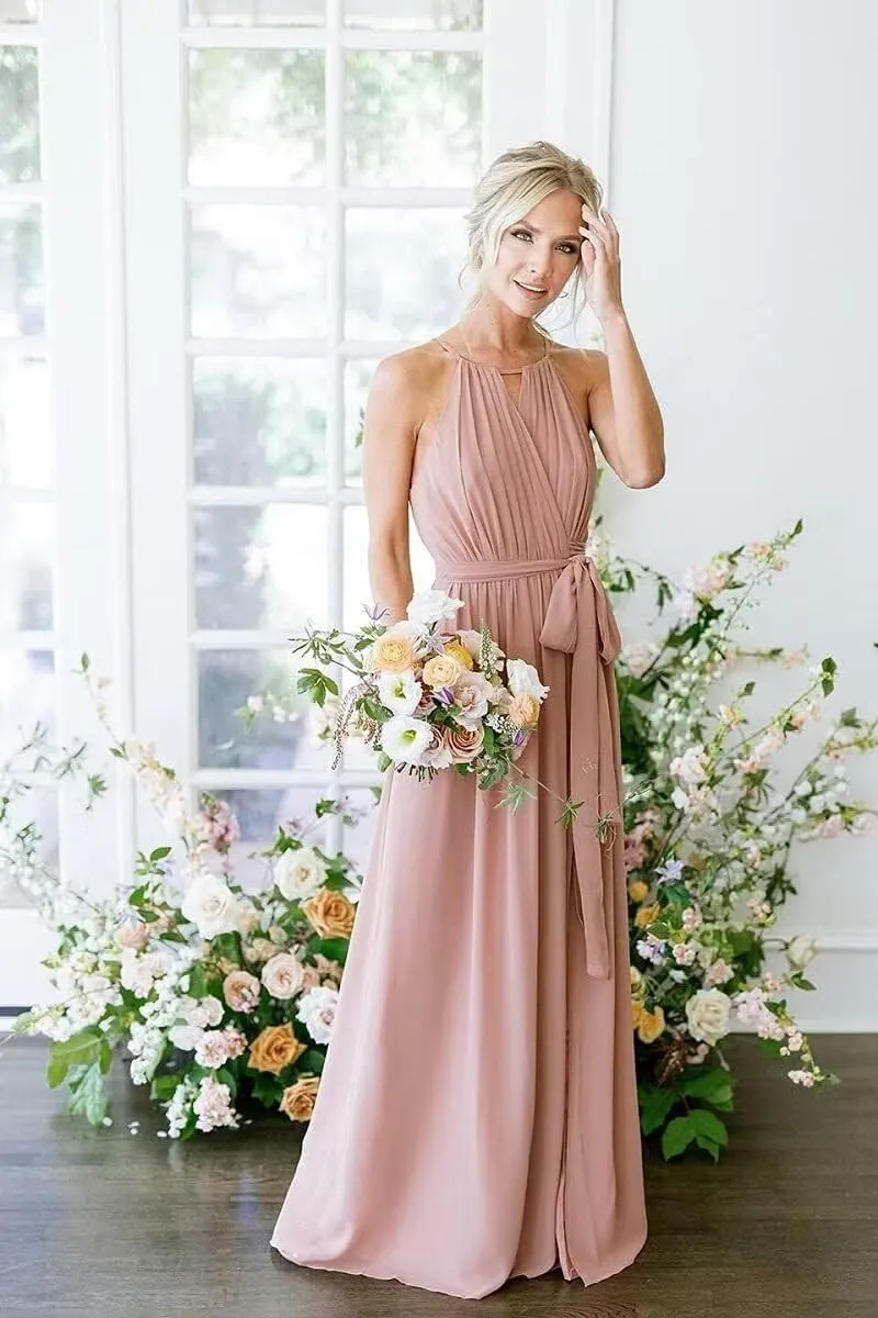 Women's Halter Chiffon Wrap Bridesmaid Dresses Long with Slit Pleated A Line Formal Dresses with Pockets SR008