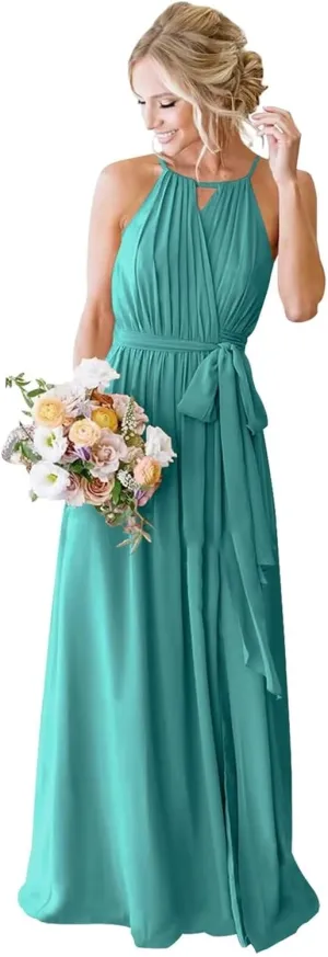 Women's Halter Chiffon Wrap Bridesmaid Dresses Long with Slit Pleated A Line Formal Dresses with Pockets SR008