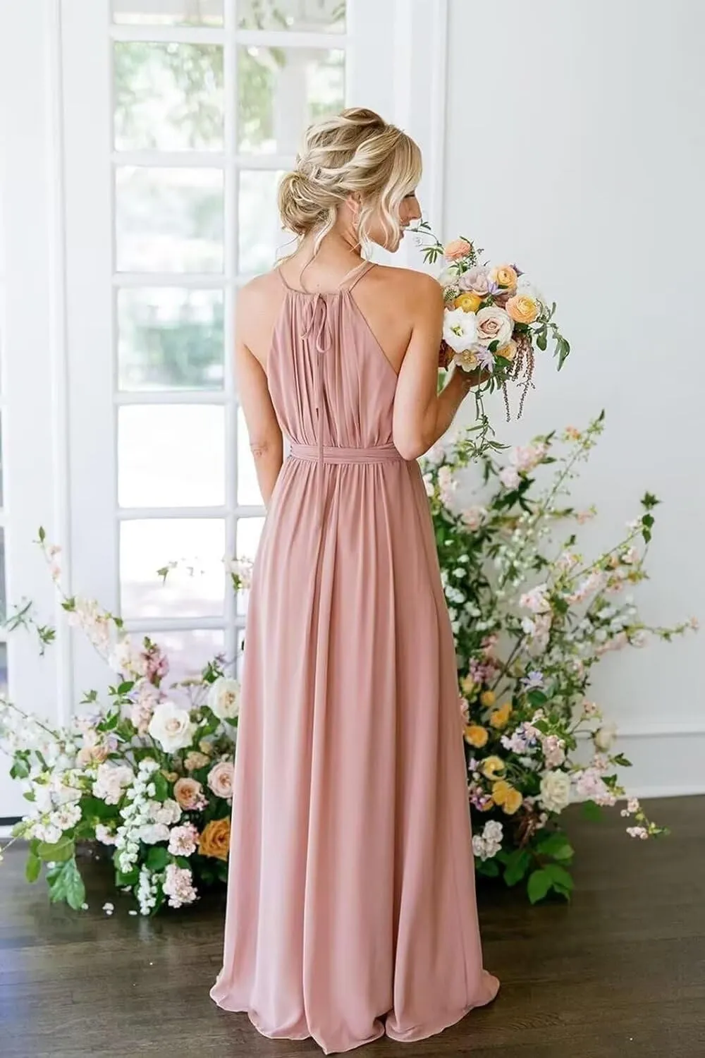 Women's Halter Chiffon Wrap Bridesmaid Dresses Long with Slit Pleated A Line Formal Dresses with Pockets SR008