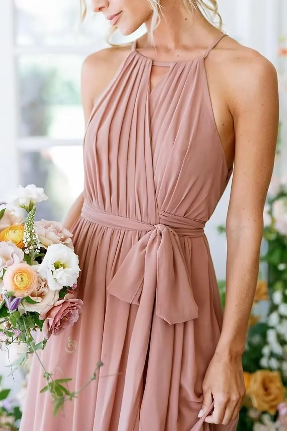 Women's Halter Chiffon Wrap Bridesmaid Dresses Long with Slit Pleated A Line Formal Dresses with Pockets SR008