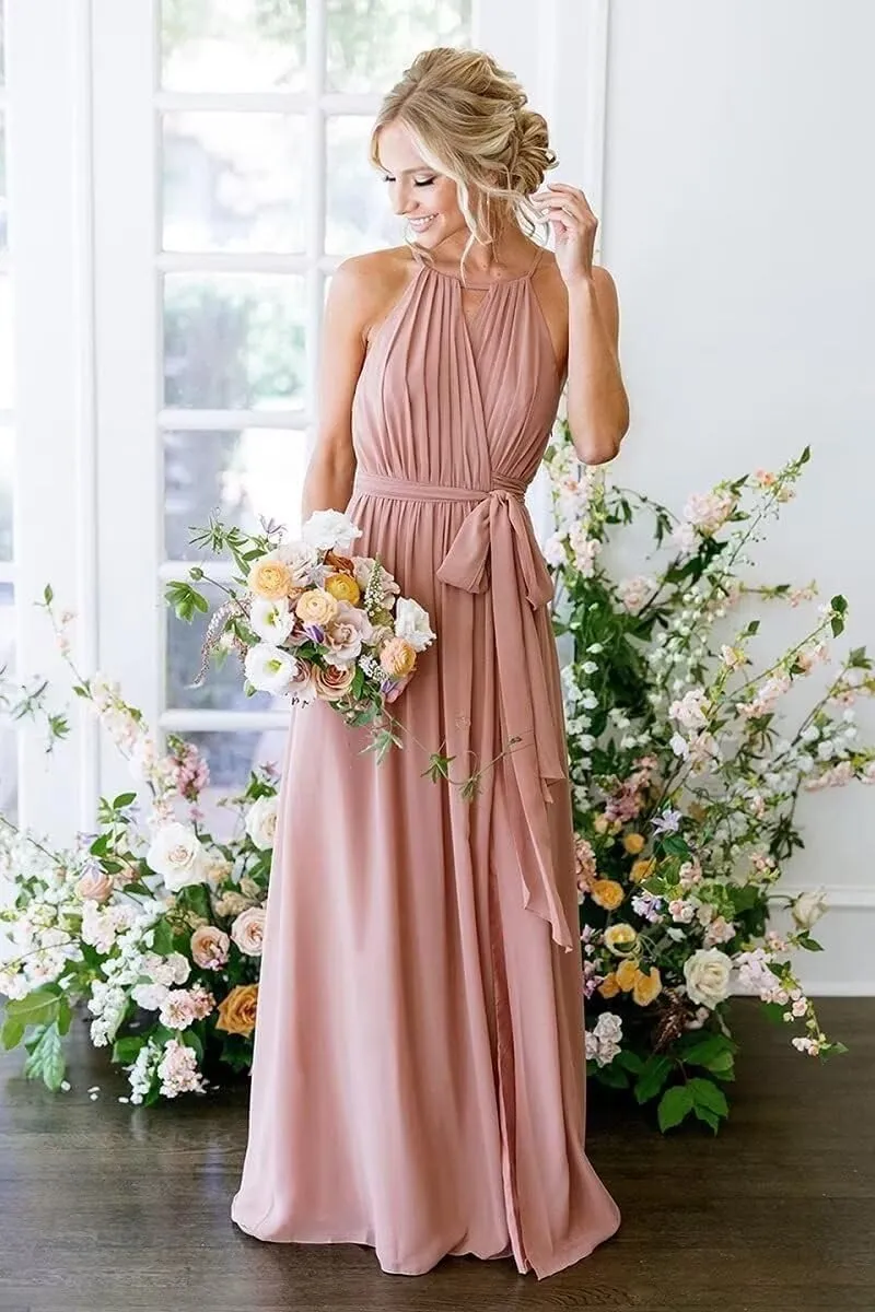 Women's Halter Chiffon Wrap Bridesmaid Dresses Long with Slit Pleated A Line Formal Dresses with Pockets SR008