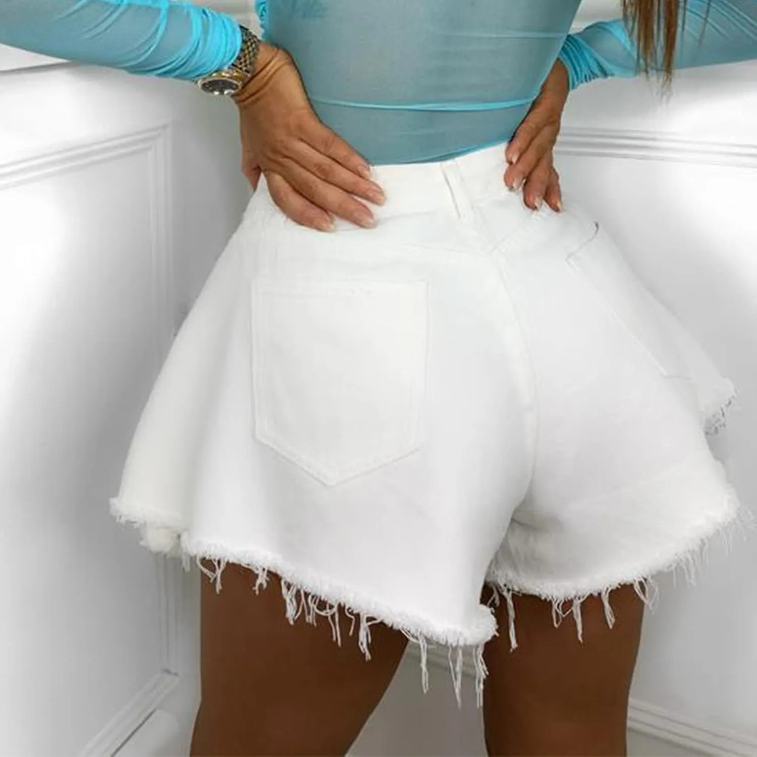 Women's High Elastic Waisted Denim Shorts Ruffle Raw Hem Jean Short Wide Leg Flared A Line Pleated Denim Jean Short