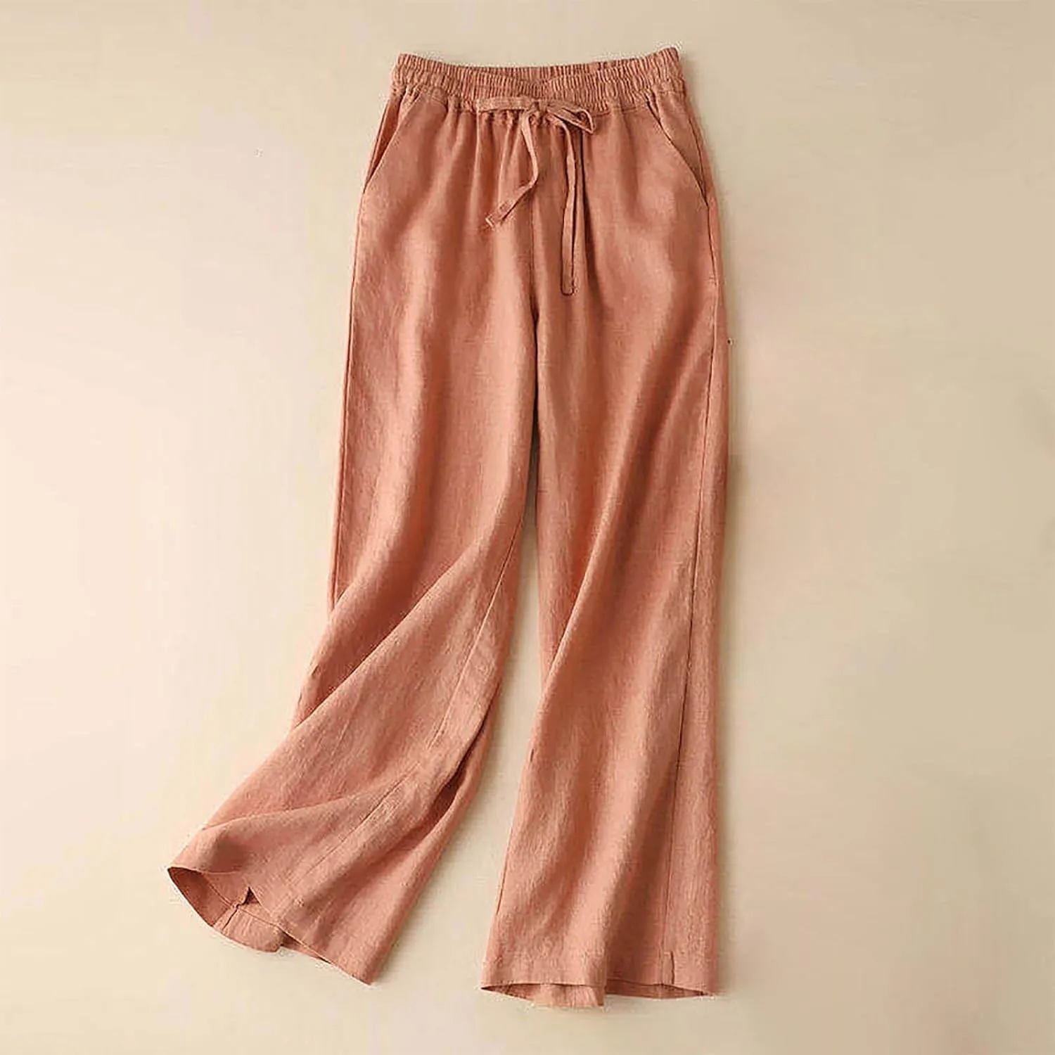 Women's High Waist Linen Wide Leg Pants - Lightweight Solid Color Loose Fit Trousers, Slimming Summer Palazzo Pants