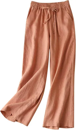 Women's High Waist Linen Wide Leg Pants - Lightweight Solid Color Loose Fit Trousers, Slimming Summer Palazzo Pants