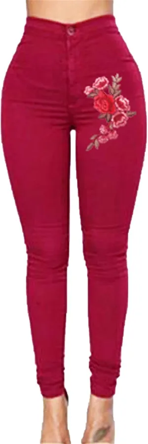 Women's High Waist Stretch Skinny Embroidered Flower Print Leggings Classic Jean Trousers Slimming Jean Jogger