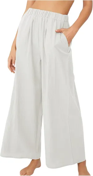 Womens High Waist Wide Leg Pants Casual Summer Elastic Waist Loose Comfy Flowy Lounge Pant Trouser with Pockets