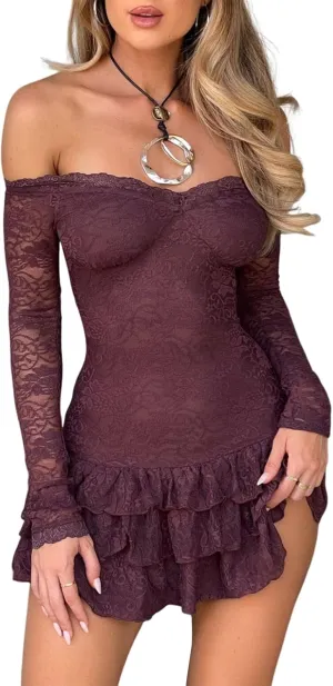 Womens Lace Floral Puff Sleeve Dress Boho Off Shoulder Mini Dress Boat Neck Bodycon Flowy Ruffle Hem Short Dresses