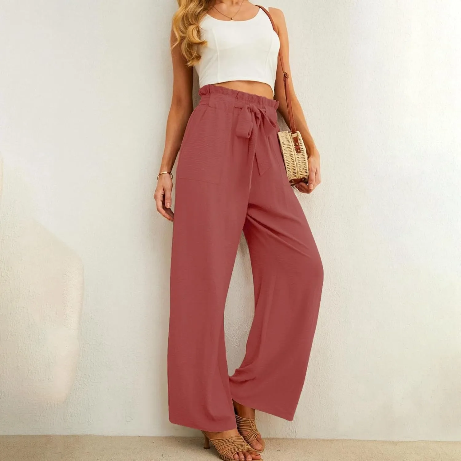 Women's Linen Blend Summer Cropped Palazzo Pants High Waist Lounge Pants Loose Fit Palazzo Lounge Pants Beach