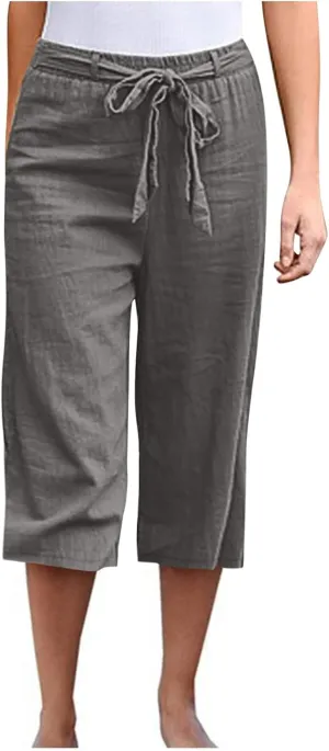 Women's Linen Blend Summer Floral Palazzo Pants Elastic Waisted Bootcut Plus Size Palazzo Lounge Pants Trendy