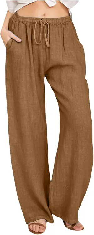 Womens Linen Blend Summer Letter Patched Palazzo Lounge Pants Elastic Waist Wide Leg Slim Fit Palazzo