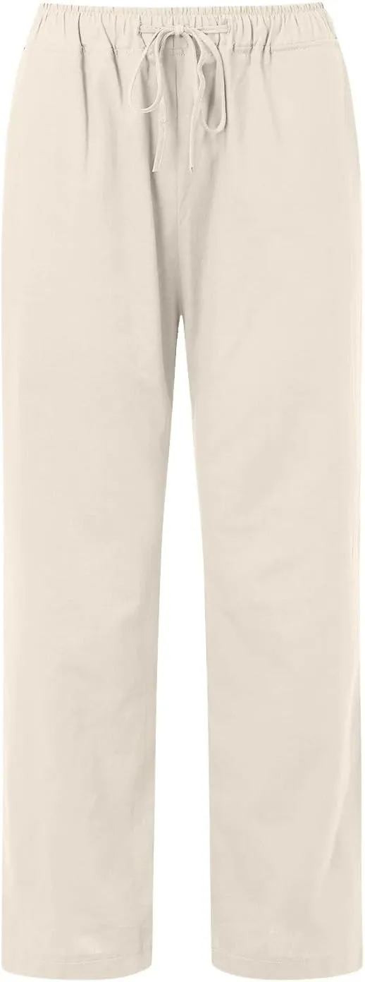 Women's Linen Blend Summer Lightweigt Pant Trousers Elastic Waisted Bootcut Loose Fit Palazzo Lounge Pants Beach