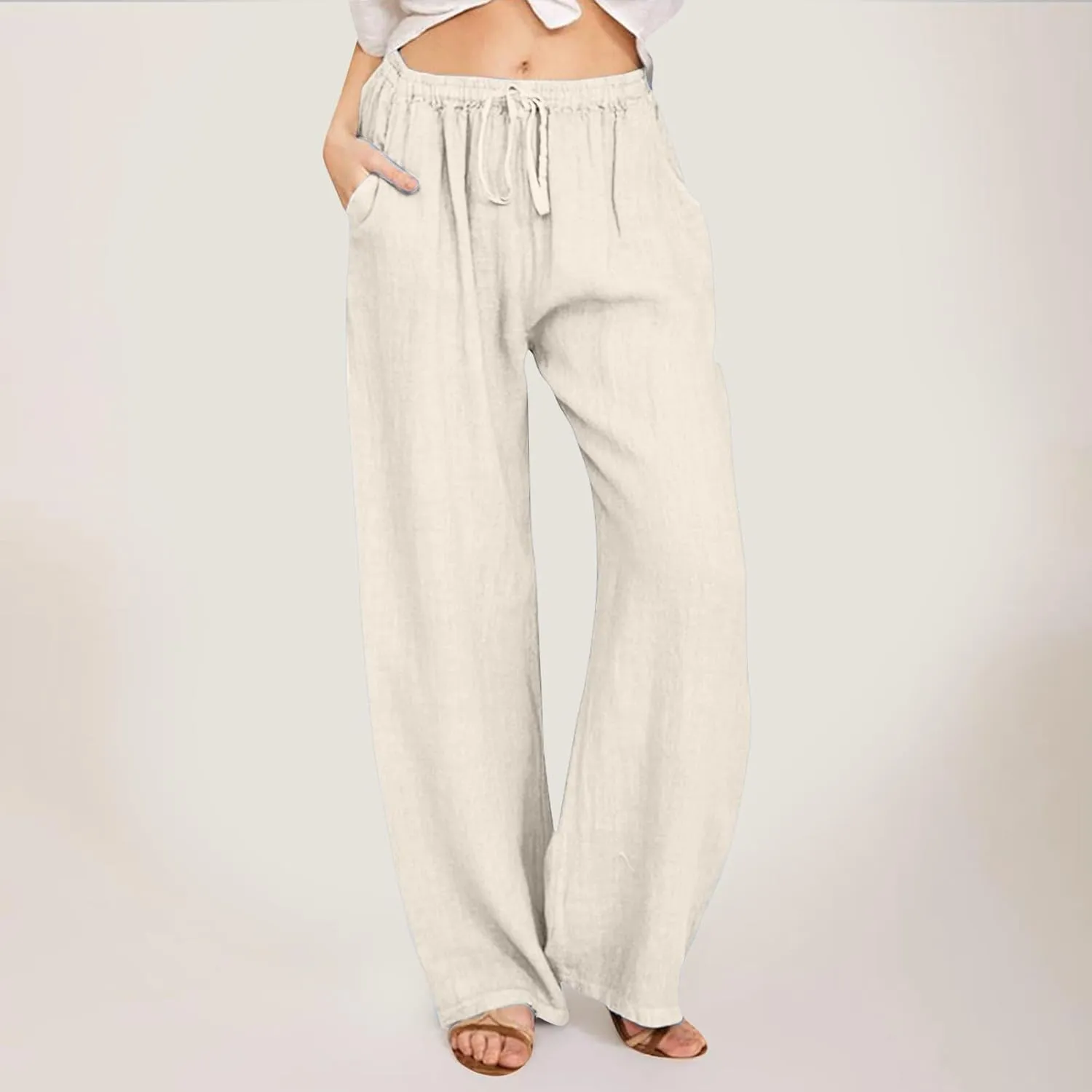 Women's Linen Blend Summer Lightweigt Pant Trousers Elastic Waisted Bootcut Loose Fit Palazzo Lounge Pants Beach