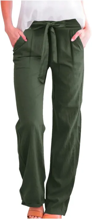 Womens Linen Blend Summer Print Palazzo Pants Low Waist Wide Leg Slim-Fit Trousers Vacation