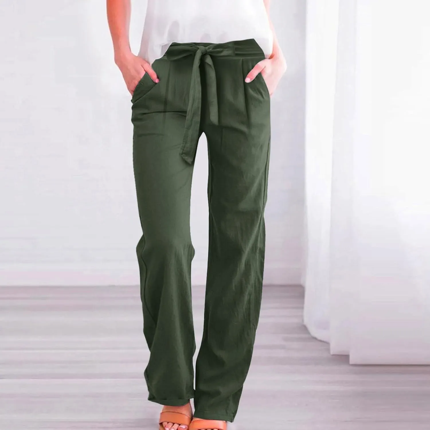 Womens Linen Blend Summer Print Palazzo Pants Low Waist Wide Leg Slim-Fit Trousers Vacation