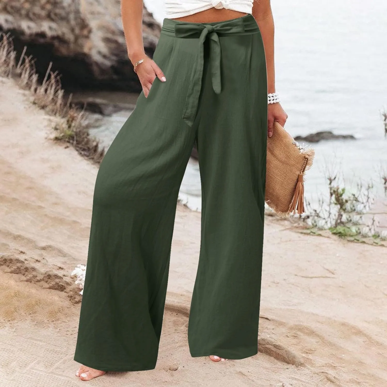 Womens Linen Blend Summer Print Palazzo Pants Low Waist Wide Leg Slim-Fit Trousers Vacation