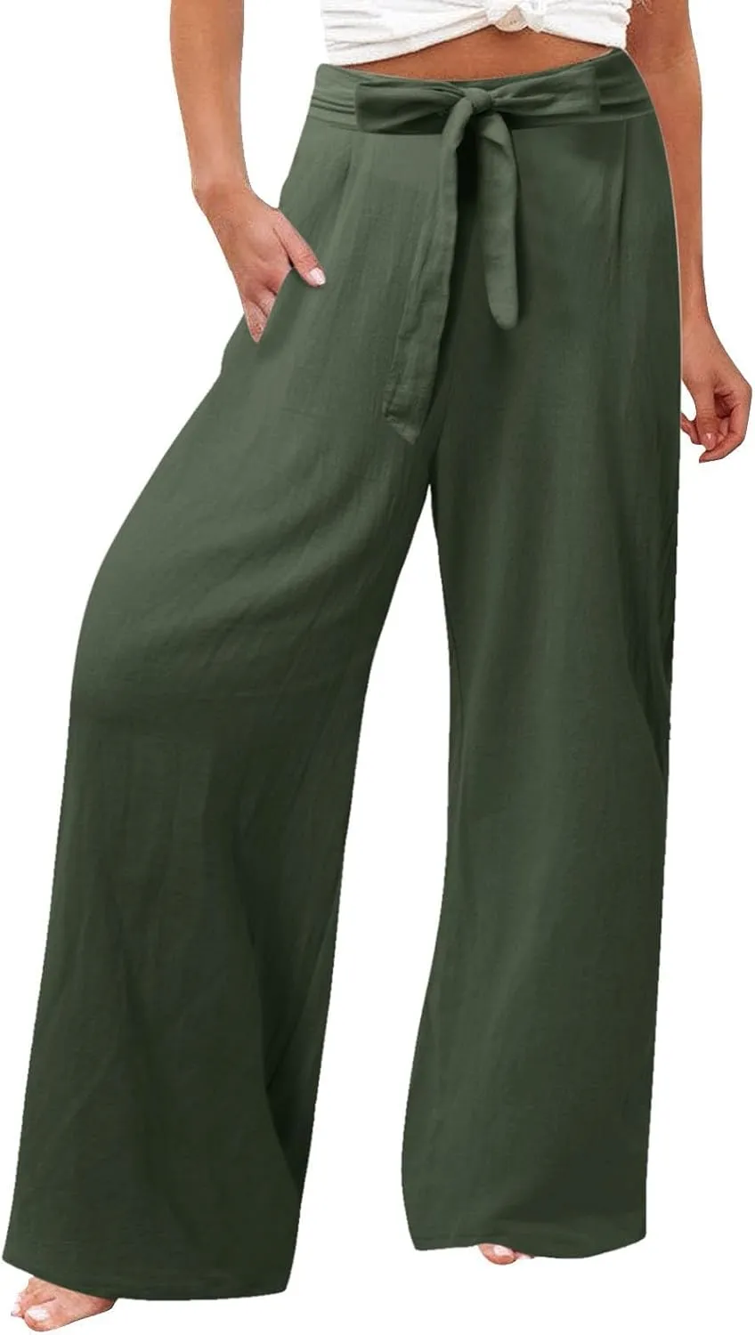 Womens Linen Blend Summer Print Palazzo Pants Low Waist Wide Leg Slim-Fit Trousers Vacation