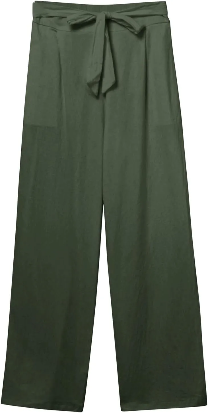 Womens Linen Blend Summer Print Palazzo Pants Low Waist Wide Leg Slim-Fit Trousers Vacation