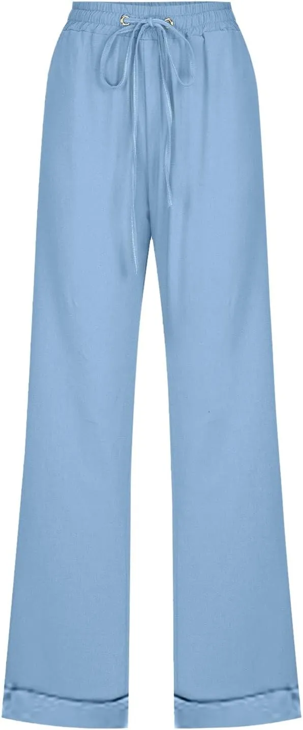Womens Linen Blend Summer Split Flowy Pants Elastic Waist Long Lounge Slim Fit Pant Trousers Work Business