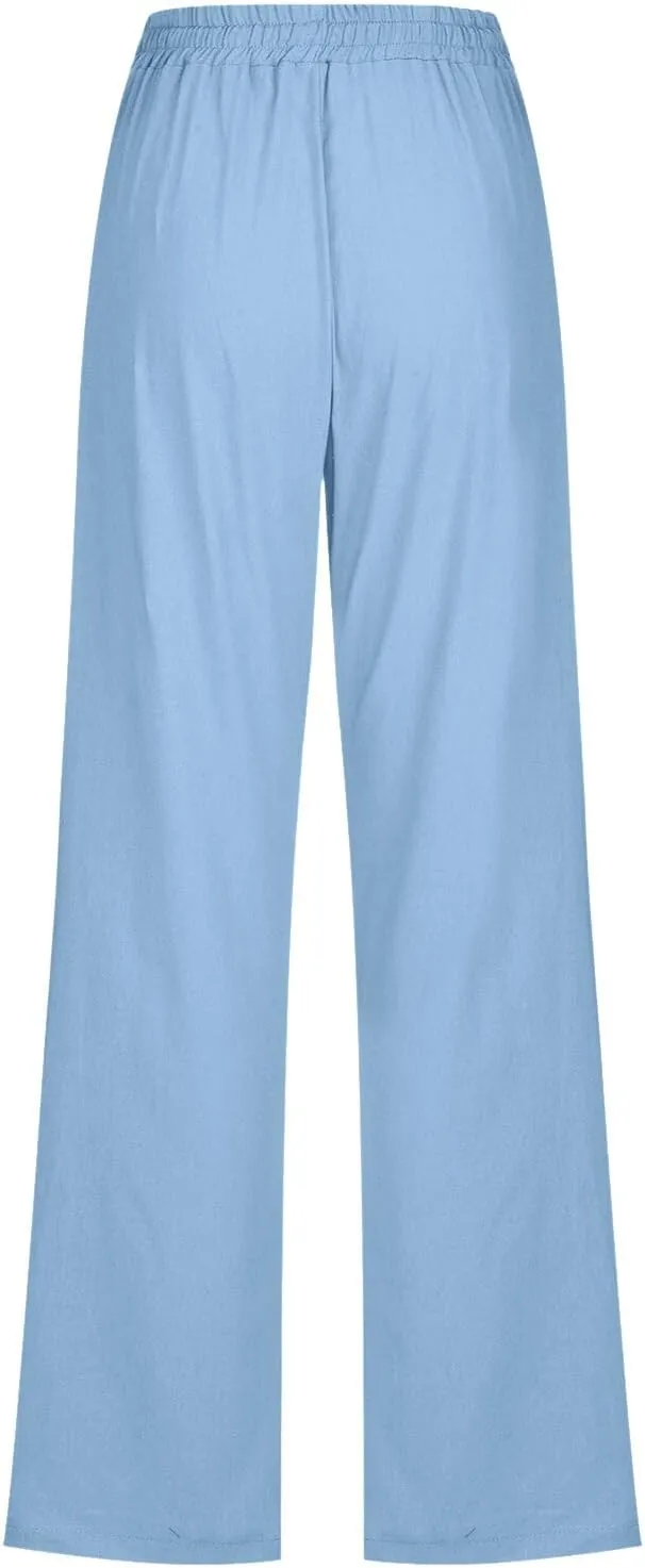 Womens Linen Blend Summer Split Flowy Pants Elastic Waist Long Lounge Slim Fit Pant Trousers Work Business