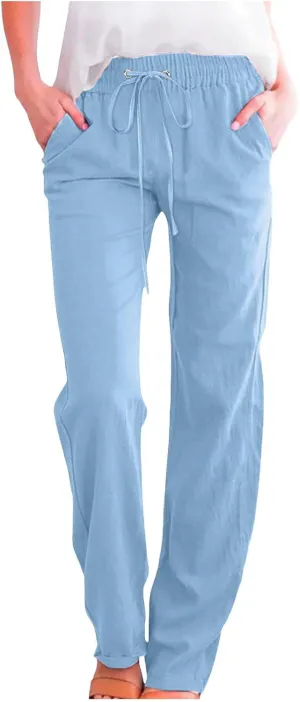 Womens Linen Blend Summer Split Flowy Pants Elastic Waist Long Lounge Slim Fit Pant Trousers Work Business