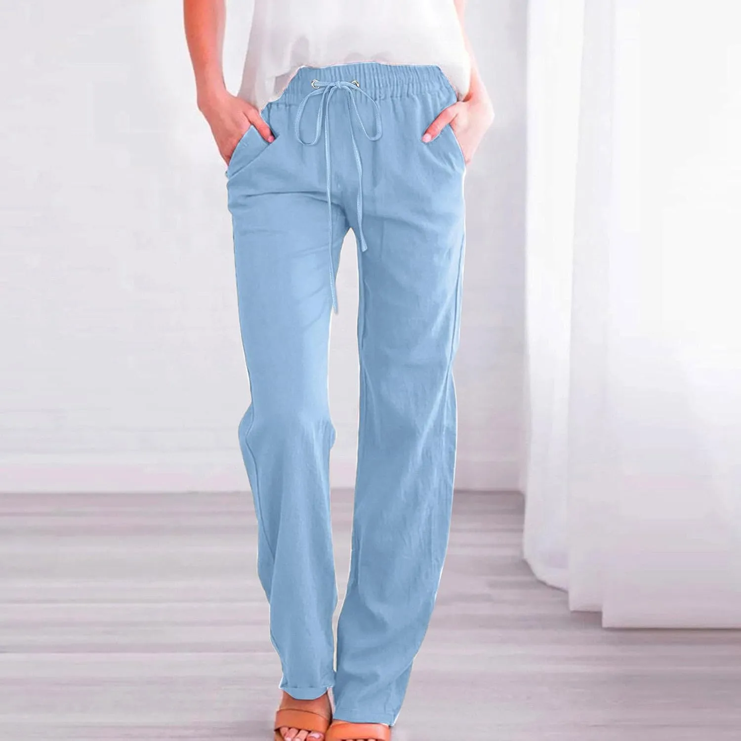 Womens Linen Blend Summer Split Flowy Pants Elastic Waist Long Lounge Slim Fit Pant Trousers Work Business