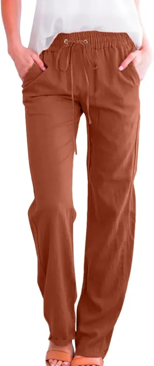 Womens Linen Blend Summer Striped Palazzo Lounge Pants Elastic Waist Ankle Length Slim-Fit Pants Travel