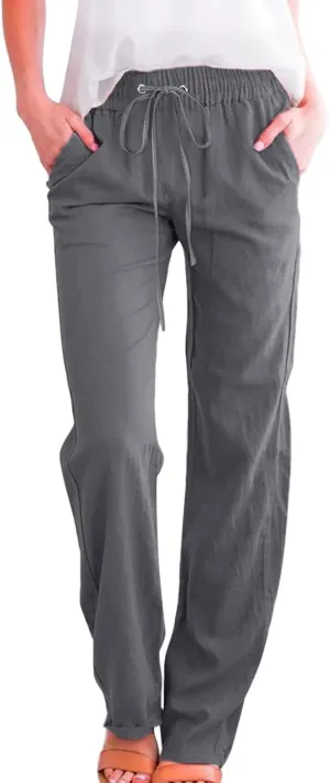 Womens Linen Blend Summer Striped Palazzo Lounge Pants Elastic Waist Ankle Length Slim-Fit Pants Travel