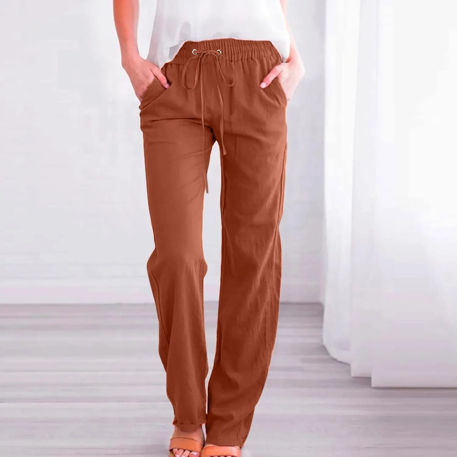 Womens Linen Blend Summer Striped Palazzo Lounge Pants Elastic Waist Ankle Length Slim-Fit Pants Travel