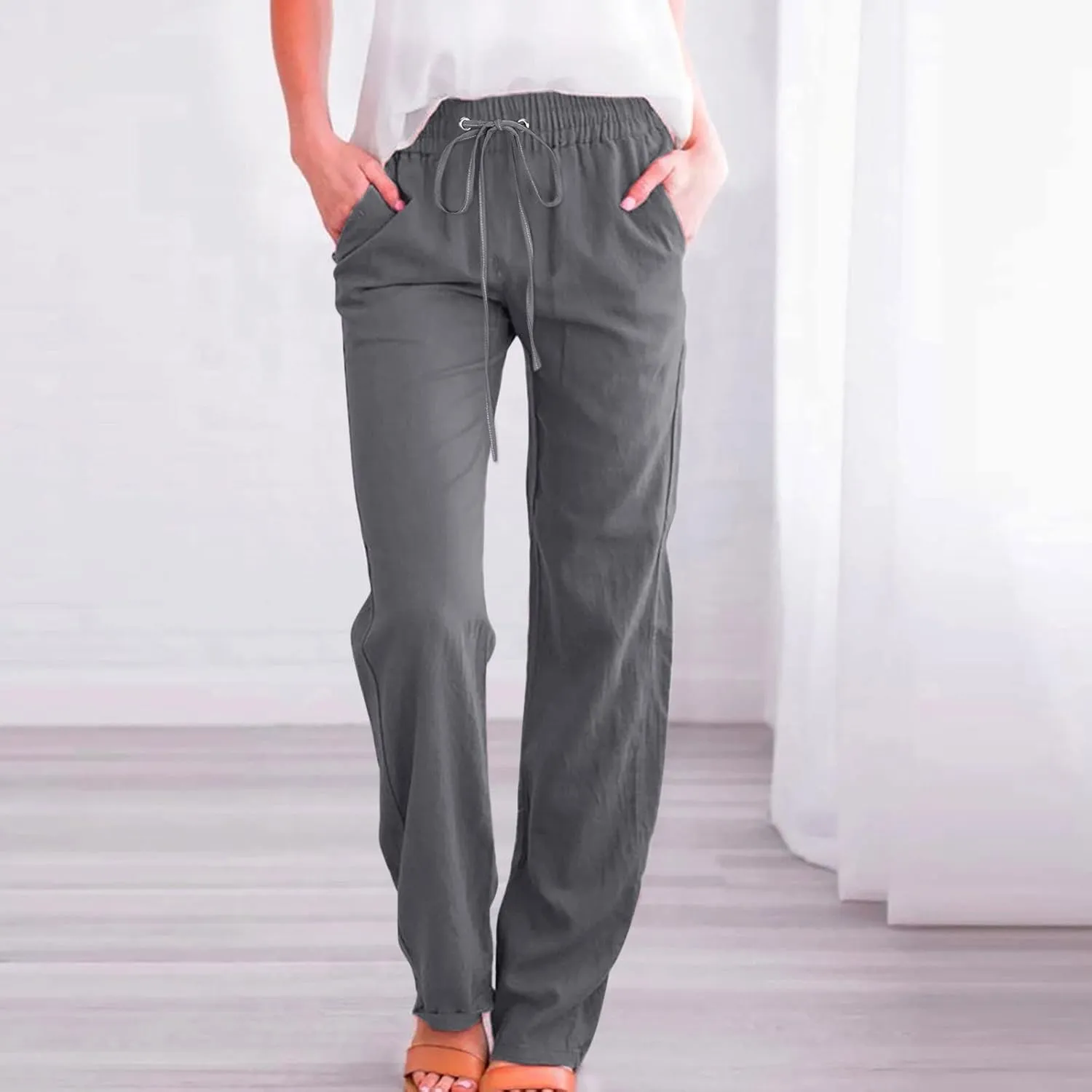 Womens Linen Blend Summer Striped Palazzo Lounge Pants Elastic Waist Ankle Length Slim-Fit Pants Travel