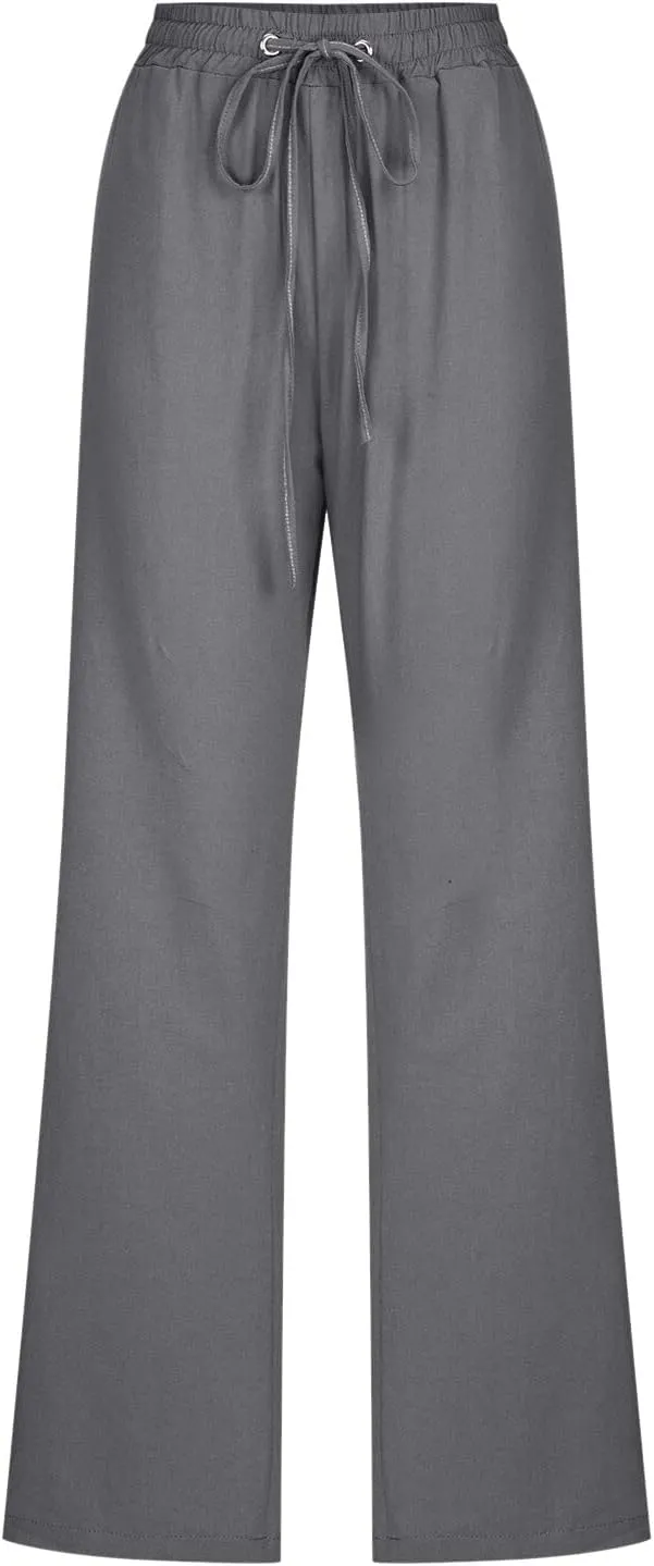 Womens Linen Blend Summer Striped Palazzo Lounge Pants Elastic Waist Ankle Length Slim-Fit Pants Travel