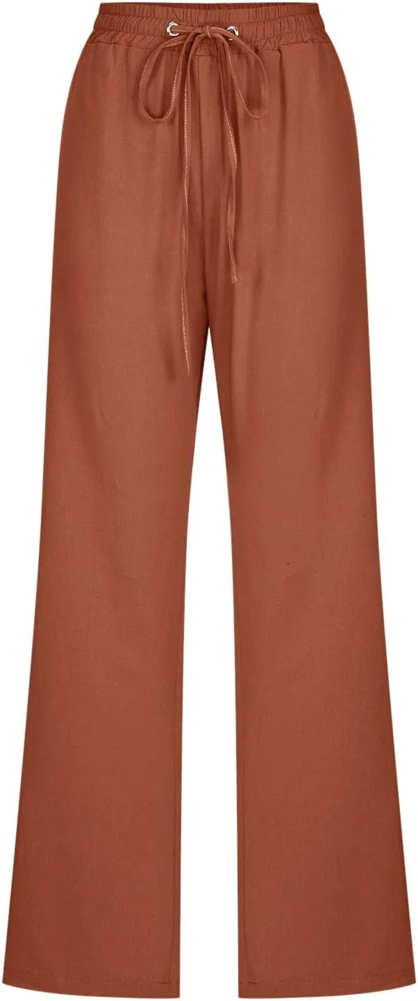 Womens Linen Blend Summer Striped Palazzo Lounge Pants Elastic Waist Ankle Length Slim-Fit Pants Travel