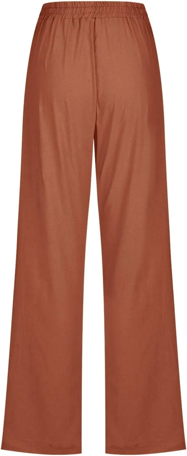 Womens Linen Blend Summer Striped Palazzo Lounge Pants Elastic Waist Ankle Length Slim-Fit Pants Travel